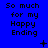 Blue background with repeated text "So much for my Happy Ending" in black pixelated font, featuring small animated symbols like plus signs and asterisks.