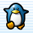 Blue penguin with yellow beak and feet, white belly, standing on light blue striped background.