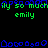 Pixelated text and shapes on black background with green 'emily' and blue decorative elements, some text partially obscured.
