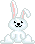 Pixelated white rabbit with pink ears sits on a gray background, displaying subtle variations in posture and expression