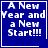 Blue square icon with white pixelated text reading 'A New Year and a New Start!!!' in four , one has a small heart symbol