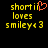 Yellow pixelated text on black background reads 'shortii loves smiley<3' with a red heart symbol replacing the second 'i' in 'shortii'.