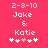 Pixelated text on bright pink background shows '2-8-10', 'Jake', '&', 'Katie', and five heart symbols with one pink heart among white hearts.