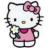 Pixelated white cat with black outline holding a daisy, wearing pink dress and large pink bow on head.