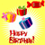 Yellow background with red 'Happy Birthday' text, blue gift boxes, and candy icons arranged in a celebratory layout.