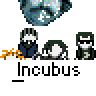 Animated contact sheet of 11 Incubus-themed buddy icons featuring pixel art characters, mushrooms, and abstract shapes in red, white, black, yellow, and blue on a gray background.