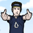 Pixelated character in dark blue shirt with white symbol, arms raised giving middle fingers against light blue sky background.