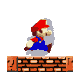 Pixelated Mario character in red hat and blue overalls walking across brick platform with three distinct poses showing forward motion.