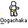 Animated contact sheet of 23 pixel art frames showing a white stick figure with yellow belt performing various poses and actions against gray background, labeled "Oogachaka" beneath each frame.