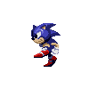 Six pixel-art frames of a blue hedgehog character in motion, red shoes and white gloves visible against gray background.
