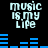 Pixelated text "music is my life" appears above blue audio equalizer bars on a black background, with two identical frames showing different bar patterns.