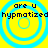 Four identical circular hypnotic patterns with blue rings on yellow background, each containing text 'are u hypnotized' in black pixelated font.