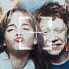 Two individuals in a of six with white crosshair overlays, showing varied facial expressions and mouth positions across the sequence
