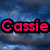 Pixelated text 'Cassie' in bright pink with black outline against blue gradient background.
