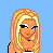 Pixel art contact sheet showing three frames of an animated buddy icon with a blonde character, text elements, and starry pants on a blue background.