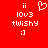Red background with white pixelated text and symbols arranged in two vertical , including double dots, a heart outline, 'lovs', 'twishy', and a smiley face