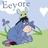 Blue donkey sits on grass with purple flowers, green leaves, and a clouded sky background; text above reads 'Eeyore' in blue letters.