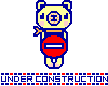 Pixel art contact sheet showing three frames of an animated buddy icon featuring a yellow bear-like mascot holding a red circular sign with horizontal white bar, displayed on gray background with "UNDER CONSTRUCTION" text banners.
