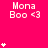 A bright pink background displays repeated "Mona Boo <3" text with white star symbols scattered across the image, some of which animate in sequence.