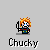 Pixel art character with orange hair and blue eyes holding a black object, standing on gray base with 'Chucky' text below.
