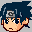 Pixel art character with spiky dark blue hair and a gray headband featuring a spiral symbol, shown in three variations of facial expression against a light gray background.