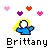 Pixel art of a character with yellow hair and blue clothing under floating hearts, labeled 'Brittany' in pixelated text.