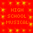 Red background with yellow star-like sparkles and repeated orange text reading HIGH SCHOOL MUSICAL in four blocks.
