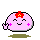 A 4-frame pixel art animation of a pink rounded character with red flower headpiece, purple cheek marks, and waving hand across four distinct poses on gray background.