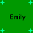 Green background with cyan plus signs and four instances of the name 'Emily' in black pixelated text arranged in a