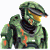 Pixelated green and black figure with orange accents, wearing a cap and dark clothing against white background.