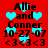 Red background with black text reading "Allie and Conner 10-27-07 <3<3<3" surrounded by cyan hearts, some of which shift position across frames.