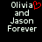 Pixelated text displays 'Olivia and Jason Forever' with a red heart symbol replacing the letter O in Olivia on one side of a split-screen layout.