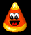 Pixelated candy corn icon with orange and yellow gradient, large white eyes with black pupils, open mouth showing red tongue against black background.