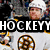 A hockey-themed buddy icon with a player in a white jersey, a puck with the number 4, and a goal net with text overlays.