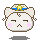 Pixelated character with closed eyes, pink cheeks, and a crown-like headpiece showing blue and yellow details.