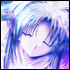 Pixelated anime-style character with long hair in blue-purple lighting, transitioning to warm orange tones