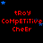 Red text 'troy', 'Competitive CheEr' and blue stars on black background with gray rectangle in bottom right.