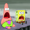 Spongebob Squarepants and Patrick Star sit on a rocky ledge with wide-open mouths, eyes shifting between open and closed states.