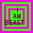 Four identical square with green and pink concentric borders display the text "I AM BEAST" in dark brown pixelated letters
