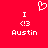 Red background with white pixelated text and symbols: 'I', '❤️', '3', 'Austin' arranged in two mirrored