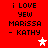 Red background with black text reading 'i LOVE YEW MARISSA - KATHY' and two star icons, one white and one pink.