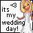 Pixelated cartoon icon showing a character in wedding attire with text reading "it's my wedding day!" and a heart symbol.