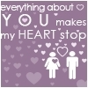 Purple background with white text reading 'everything about YOU makes my HEART stop' and two white stick figures holding hands amid scattered heart shapes.