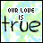 identical square icons with light blue and green cloud-patterned backgrounds displaying 'OUR LOVE IS true' text in black pixelated font
