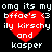 Red heart-shaped icon with white pixelated text reading "omg its my bffae's <3 ily kirschy and kasper" on black background.