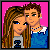 Pixel art contact sheet showing two frames of an animated buddy icon: a couple embracing on the left and "I Love You" text on the right, both with bright pink backgrounds.