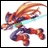 Pixelated character in dynamic pose with flowing hair, red and blue outfit, and cyan energy trail against white background.