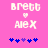Pixelated pink background with white text 'Brett' and 'Alex' separated by a heart symbol, blue star-like shapes below.