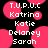 Pixelated text labels 'T.U.P.U.C', 'Kotrino', 'Katie', 'Delaney', 'Sarah' appear over pink circular shapes on a black background.