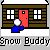 Pixel art animation of a blue figure with a white round head throwing snowballs at a brown cabin with red door and white windows, showing snow accumulation and a speech bubble.
